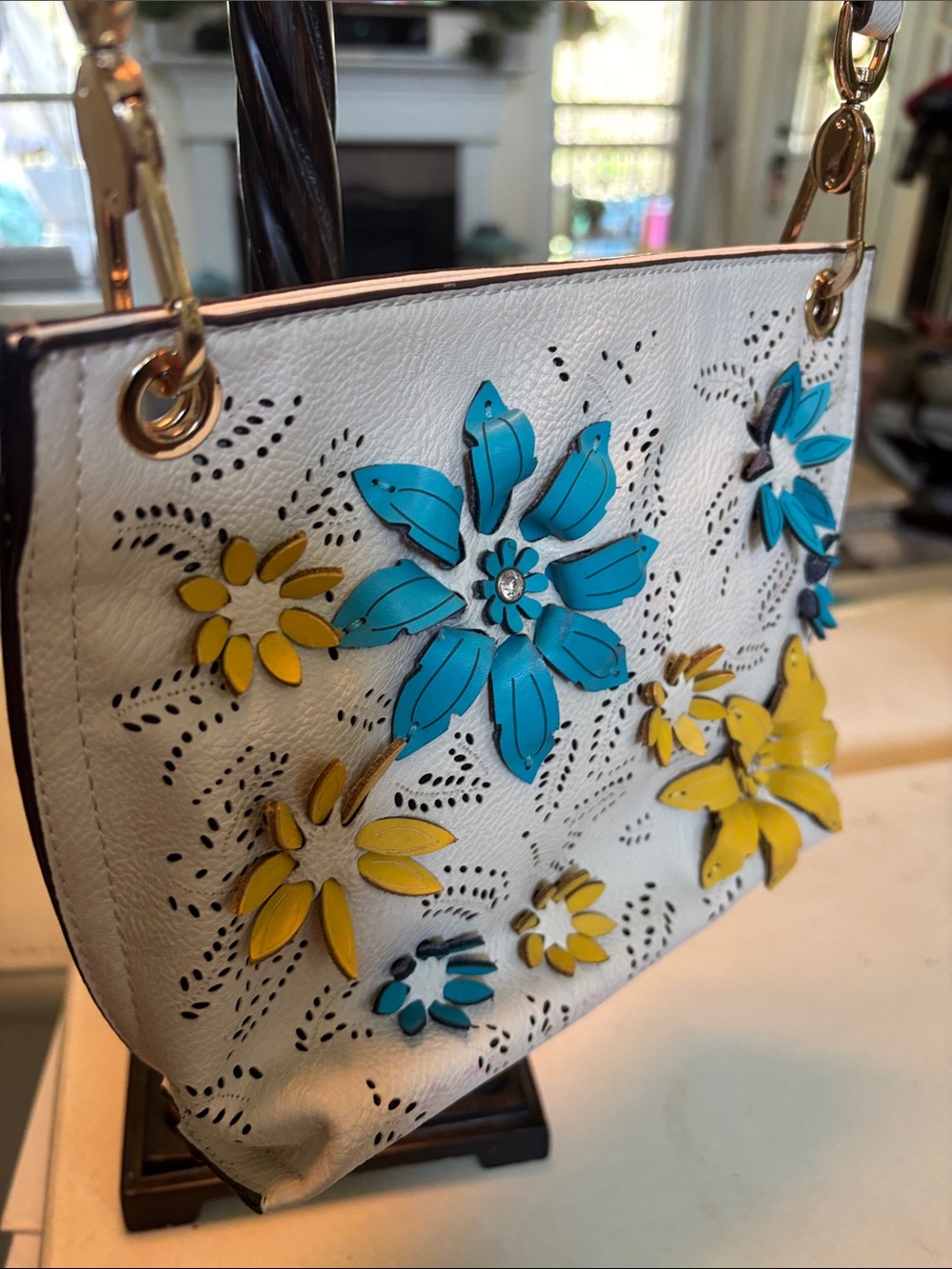 Chinese Laundry White Crossbody Bag with Blue & Yellow Floral Appliqués
